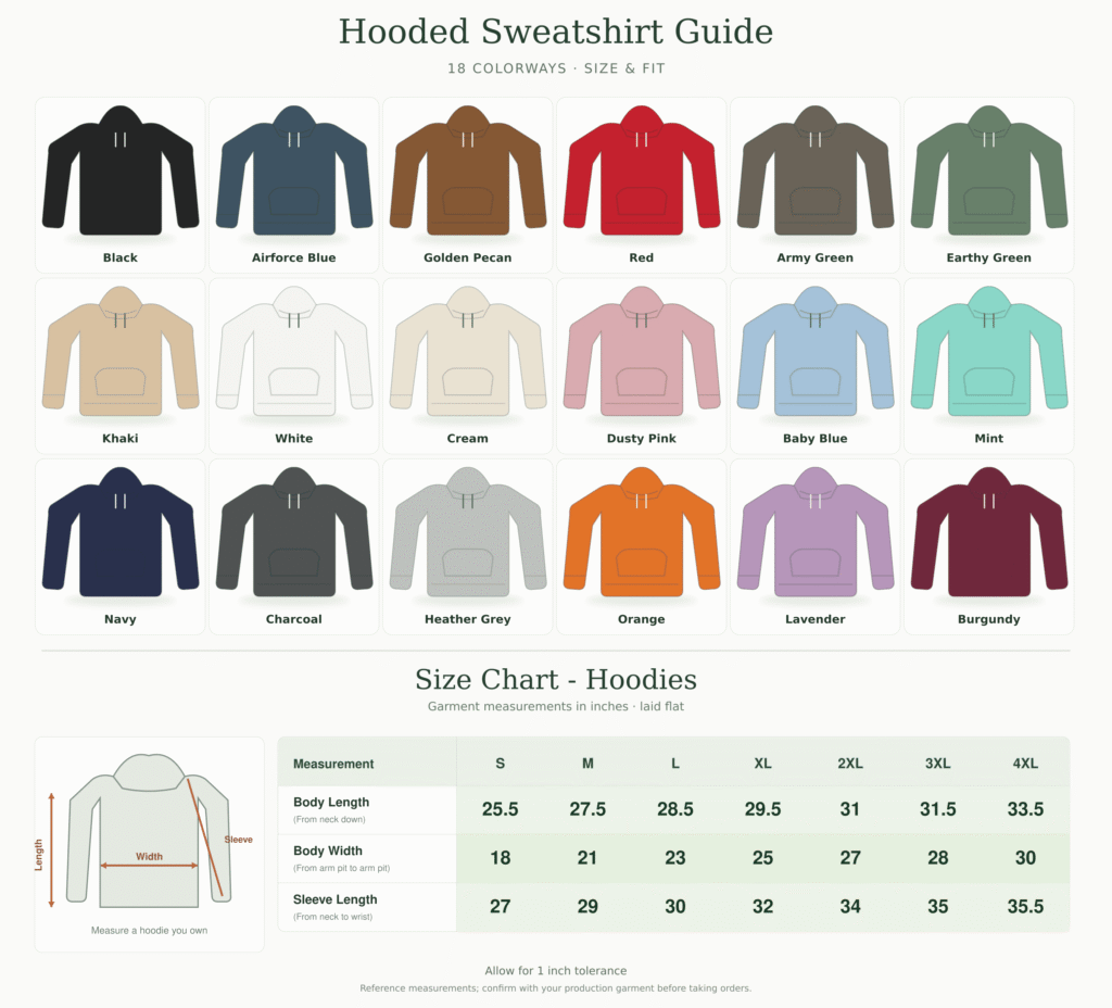 Eighteen hoodie colors above the supplied S to 4XL size measurements in inches