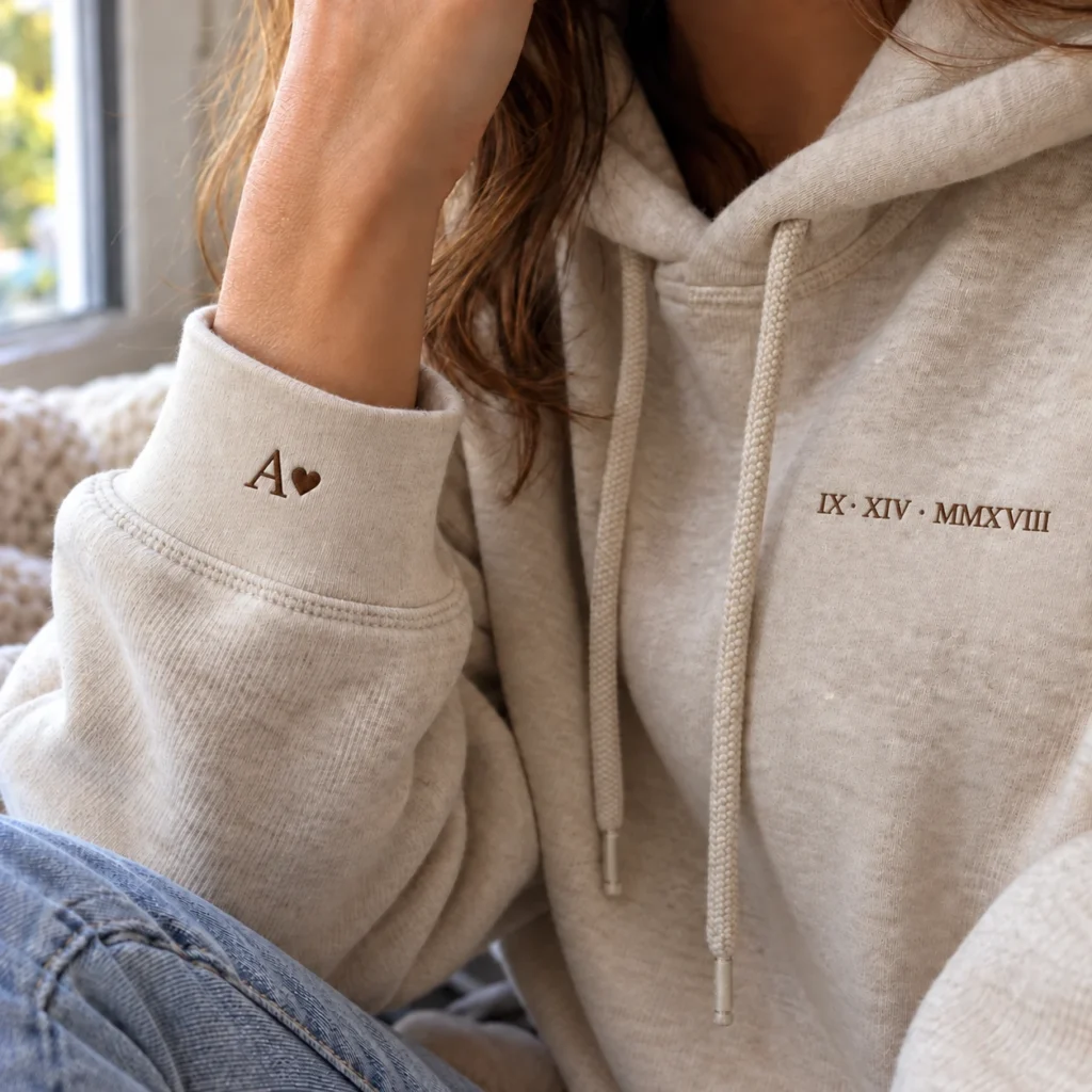Close view of A heart sleeve embroidery and Roman numeral date on oatmeal hoodie chest